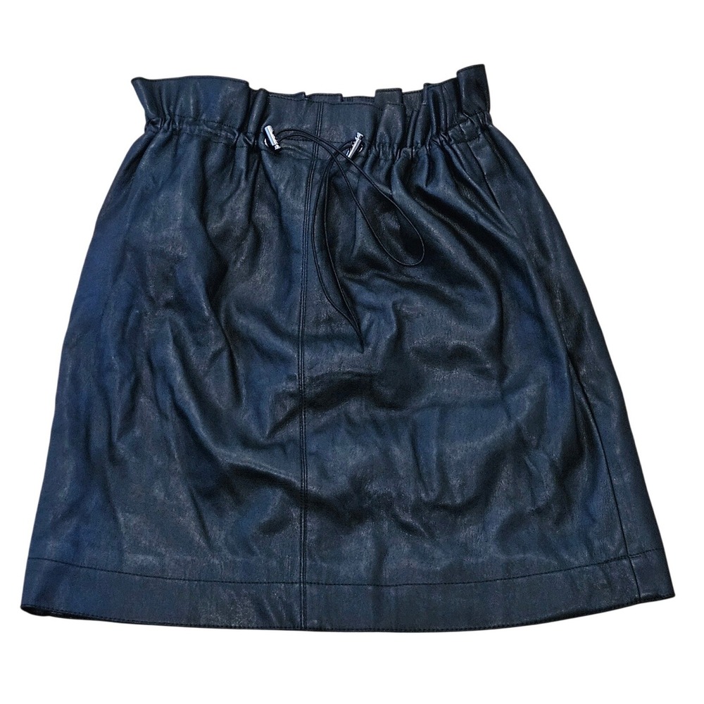 HM Black Faux Vegan Leather Paperbag Mini Skirt Bungee‎ Drawstring Size 4
